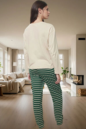 Çizgili Pamuklu Kadın Pijama Takımı Yılbaşı Desenli Rahat Profesyonel Görünüm