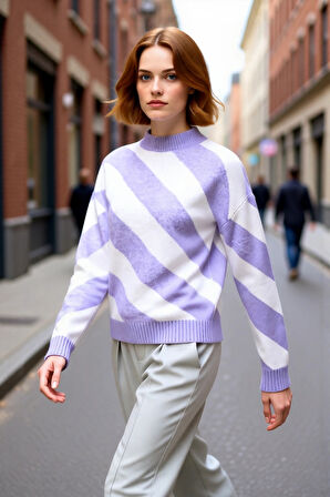 Kadın Mor Çizgili Relaxed Fit Triko Kazak Soğuk Kış Günleri İçin Bisiklet Yaka Şık Ve Konforlu