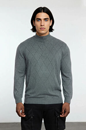 Erkek Gri Regular Fit Yarım Fermuarlı Dik Yaka Baklava Triko Kazak Kışlık Günlük Şıklık İçin