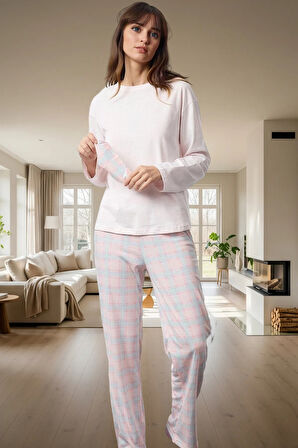 Şık Ekose Desenli Pamuklu Pijama Takımı Bisiklet Yaka Boru Paça Kışlık Günlük Kullanım İçin