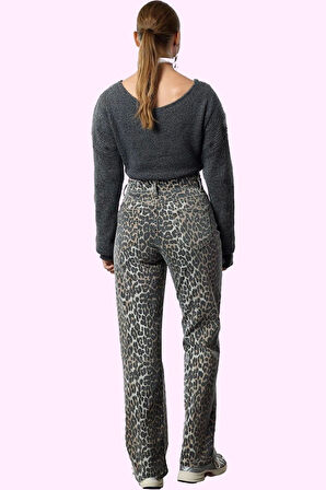 Kadın Leopar Desenli Denim Pantolon Yüksek Bel Wide Leg Rahat Günlük Kullanım Modern Tasarım