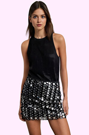 Kadın Örme Mini Etek Polyester Kalem Payetli Astarlı Şık Günlük Kullanım Dayanıklı Malzeme