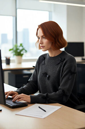 Kadınlara Yönelik Konforlu Regular Kalıp Bisiklet Yaka Triko Kurdele Fiyonklu Uzun Kollu Kazak