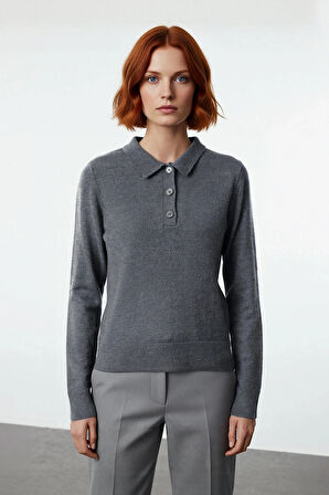 Şık Kadın Polo Yaka Yünlü Triko Kazak Regular Kalıbı İle Gün Boyu Konfor Sunar Kaliteli