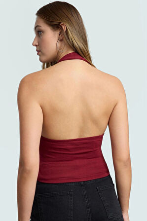 Fitted Kalıp Viskoz Ribana Crop Bluz Boyundan Bağlamalı Yaka Günlük Stil