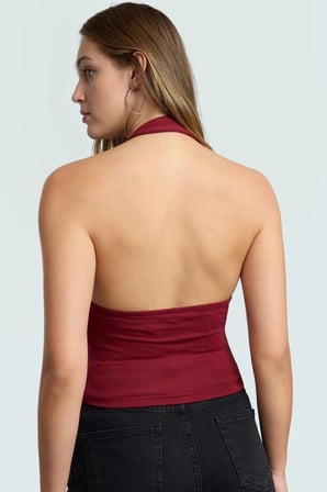 Fitted Kalıp Viskoz Ribana Crop Bluz Boyundan Bağlamalı Yaka Günlük Stil