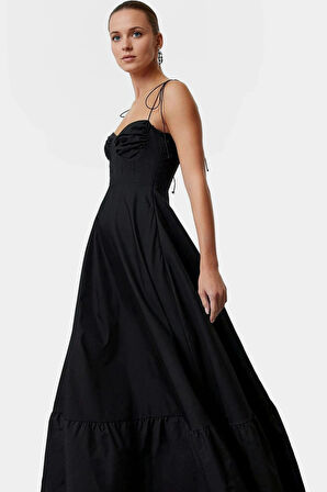 Pamuklu Dokuma A line Maxi Elbise Kalp Yaka Şık Ve Rahat Kullanım Kaliteli İşçilik