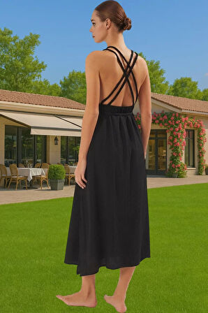 Yazlık Kadın Maxi Elbise Pamuklu Dokuma Crinkle Kumaşlı Bağlamalı Dayanıklı Malzeme Mükemmel Uyum