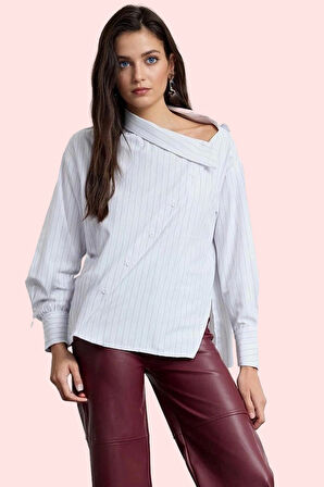 Kadın Çizgili Terrycotton Kumaş Gömlek Yaka Uzun Kollu Şık Günlük Kullanım Kaliteli Malzeme