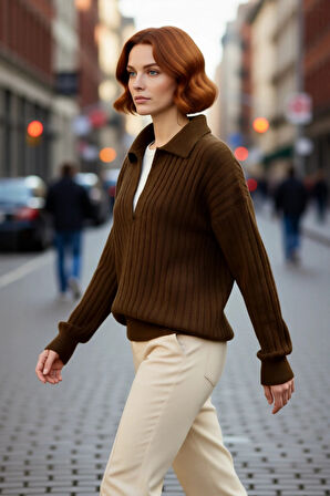 Kadınlara Özel Oversize Fitilli Triko Kazak Düşük Kol Polo Yaka Kış Sezonu İçin İdeal Günlük Giyim