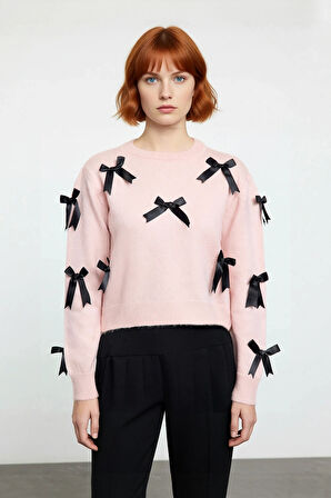 Kadınlara Yönelik Konforlu Regular Kalıp Bisiklet Yaka Triko Kurdele Fiyonklu Uzun Kollu Kazak