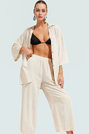 Rahat Plaj Takımı Viskoz Polyester Dokuma Uzun Gömlek ve Pantolon Dayanıklı Malzeme