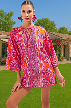 Yazlık Maxi Plaj Elbisesi %100 Pamuklu Su Altı Desenli Rahat Dayanıklı Malzeme Dayanıklı Malzeme