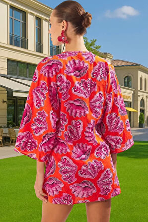 Yazlık Maxi Plaj Elbisesi %100 Pamuklu Su Altı Desenli Rahat Dayanıklı Malzeme Dayanıklı Malzeme