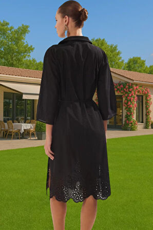 Siyah Pamuklu Brode Detaylı V Yaka Midi Elbise Kadın Yazlık Profesyonel Görünüm Uzun Ömürlü