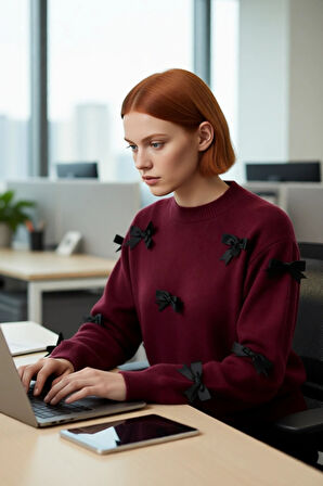 Kadınlara Yönelik Konforlu Regular Kalıp Bisiklet Yaka Triko Kurdele Fiyonklu Uzun Kollu Kazak