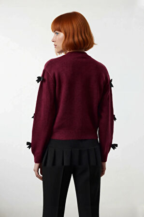 Kadınlara Yönelik Konforlu Regular Kalıp Bisiklet Yaka Triko Kurdele Fiyonklu Uzun Kollu Kazak