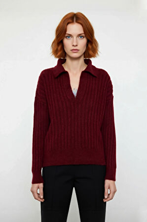 Kadınlara Özel Oversize Fitilli Triko Kazak Düşük Kol Polo Yaka Kış Sezonu İçin İdeal Günlük Giyim