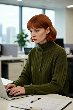 Kadın Dik Yaka Oversize Kalıp Düz Renk Düşük Kol Triko Kazak Soğuk Havalarda Konforlu ve Modern