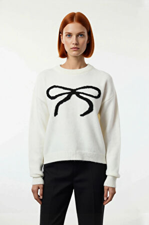 Kadın Regular Kalıp Şık Fiyonk Desenli Bisiklet Yaka Uzun Kollu Triko Kazak Kış Kombini Kaliteli