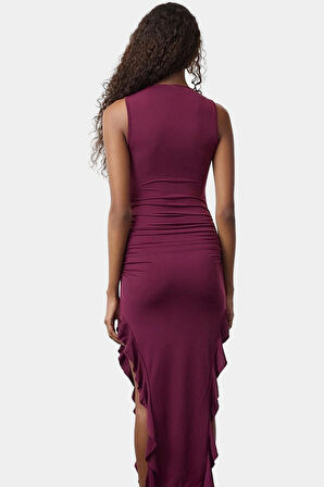 Bodycon Maxi Elbise Esnek Fırfırlı Kayık Yaka Yazlık Seçkin Malzeme Trend Tasarım