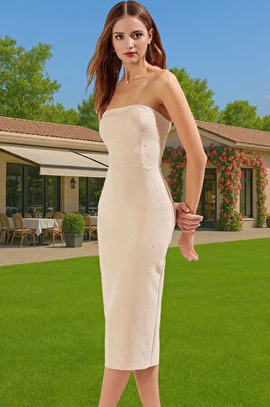 Straplez Taş Detaylı Midi Boy Elbise Polyester Kumaştan Şık Tasarım Dayanıklı Malzeme Rahat Ve Şık