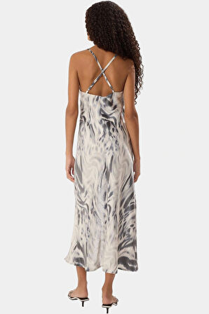 Soyut Desenli Kolsuz Saten Elbise  Polyester Midi Boy Düz Kesim Rahat Ve Şık Premium Kalite