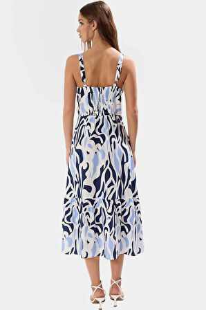 Şık Geometrik Desenli Midi Viskoz Elbise Rahat Nefes Alabilir Kare Yaka Zarifane Tasarım