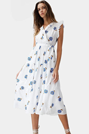 Pamuklu Midi Elbise Skater Kalıp Kruvaze Yaka Rahat Günlük Kombin Şık Görünüm Mükemmel Uyum