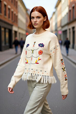 Fashion Forward Kadın Nakışlı Düşük Kollu Bisiklet Yaka Super Crop Kışlık Triko Kazak Püsküllü