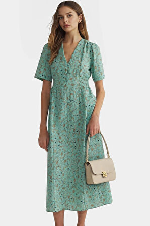 A line Midi Elbise Kısa Kollu Çiçekli Polyester Dokuma Rahat ve Şık Özel Tasarım