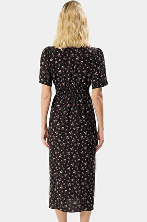 A line Midi Elbise Kısa Kollu Çiçekli Polyester Dokuma Rahat ve Şık Özel Tasarım