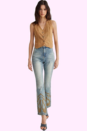 Kadın Pamuk Denim Flare Jean; Yüksek Bel Nakış Detaylı Günlük Kullanım için Modern Tasarım