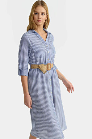 Pamuklu Kemerli Gömlek Elbise Midi Boy Günlük Şıklık Yüksek Kalite Özenle Seçilmiş