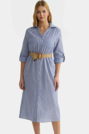 Pamuklu Kemerli Gömlek Elbise Midi Boy Günlük Şıklık Yüksek Kalite Özenle Seçilmiş