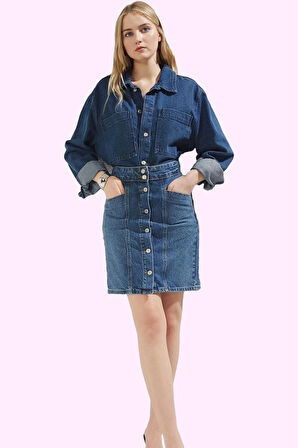 Kadın Denim Etek Pamuk Ön Düğmeli Mini Boy Casual Günlük Kullanım Yaz Aylarının Vazgeçilmezi