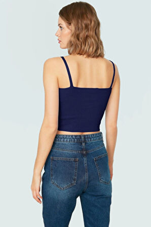 Super Crop Büstiyer Triko Kumaş Kalp Yaka İnce Askılı Rahat Günlük Stil