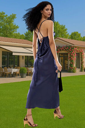 Zarif Degaje Yaka Saten Abiye Elbise Shift Kalıp Midi Boy Yüksek Kalite Zarifane Tasarım