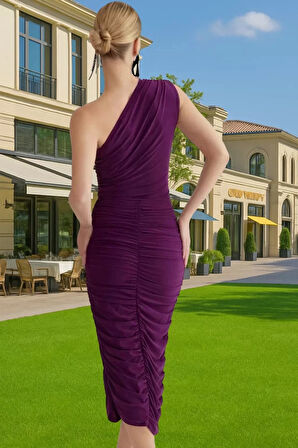 Özel Kesim Tek Omuzlu Sandy Dokuma Midi Abiye Elbise Özenle Seçilmiş Özel Tasarım Rahat Ve Şık