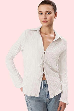 Kadın Uzun Kollu Düz Desenli Crinkle Dokuma Gömlek Günlük Şıklık Yaz Aylarının Vazgeçilmezi