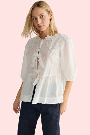 Kadın Pamuklu Yazlık Bluz Düz Desen Gömlek Yaka Truvakar Kol Günlük Kullanım İçin Hafta Sonu