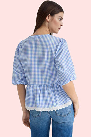 Kadın Ekose Gömlek Bisiklet Yaka Truvakar Kol Rahat Kalıp Yazlık Günlük Tarz Modern Tasarım