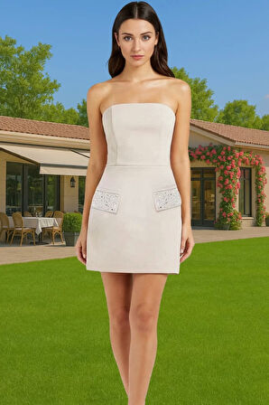 Mini A line Straplez Abiye Elbise Polyester Elastan Finike Dokuma Özel Tasarım Özenle Seçilmiş