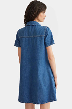 Kısa Kollu Pamuklu Denim Gömlek Elbise Cep Detaylı Mini Boy Günlük Tarz Modern Stil