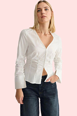 Kadın Önden Kancalı Uzun Kollu Gömlek Pamuklu Dokuma Günlük Şıklık Yaz Aylarının Vazgeçilmezi