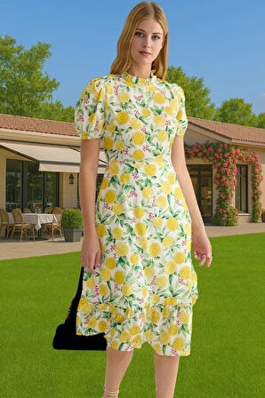 Şık A Kesim Midi Elbise Balon Kol Polyester Dokuma Yazlık Konforlu Kesim Rahat Ve Şık Seçkin Malzeme