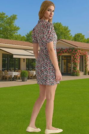 A Kesim Kısa Kollu Çiçekli Mini Elbise Polyester Dokuma Yazlık Zarifane Tasarım Zarifane Tasarım