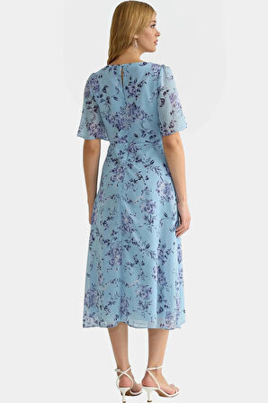 A line Hayvan Desenli Şifon Elbise Melek Kol Midi Boy  Polyester Şık Görünüm Özel Tasarım