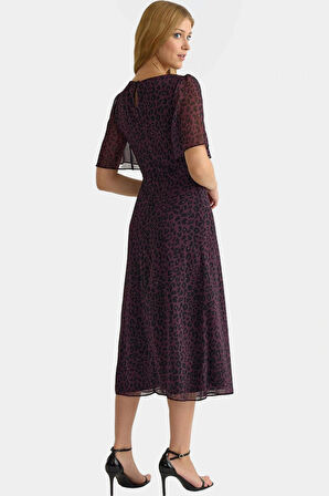 A line Hayvan Desenli Şifon Elbise Melek Kol Midi Boy  Polyester Şık Görünüm Özel Tasarım