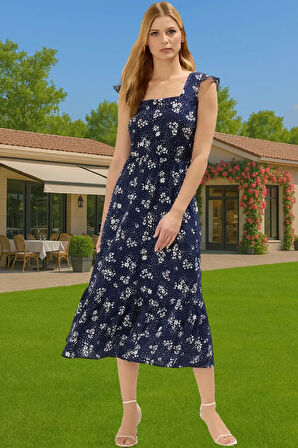 A Kesim Midi Boy Shally Dokuma Viskoz Elbise Kare Yaka Mükemmel Uyum Özenle Seçilmiş Uzun Ömürlü